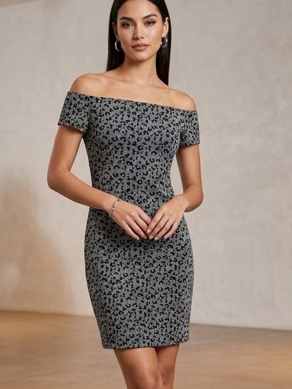 Flying Tomato Off-Shoulder Black Silver Leopard Print Bodycon Dress